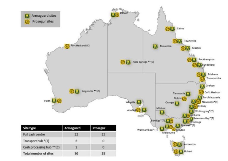 Map illustrating the degree of cash centre duplication across Australia (taking from applicant’s merger submission September 2022 but with some changes in numbers since the application was lodged)